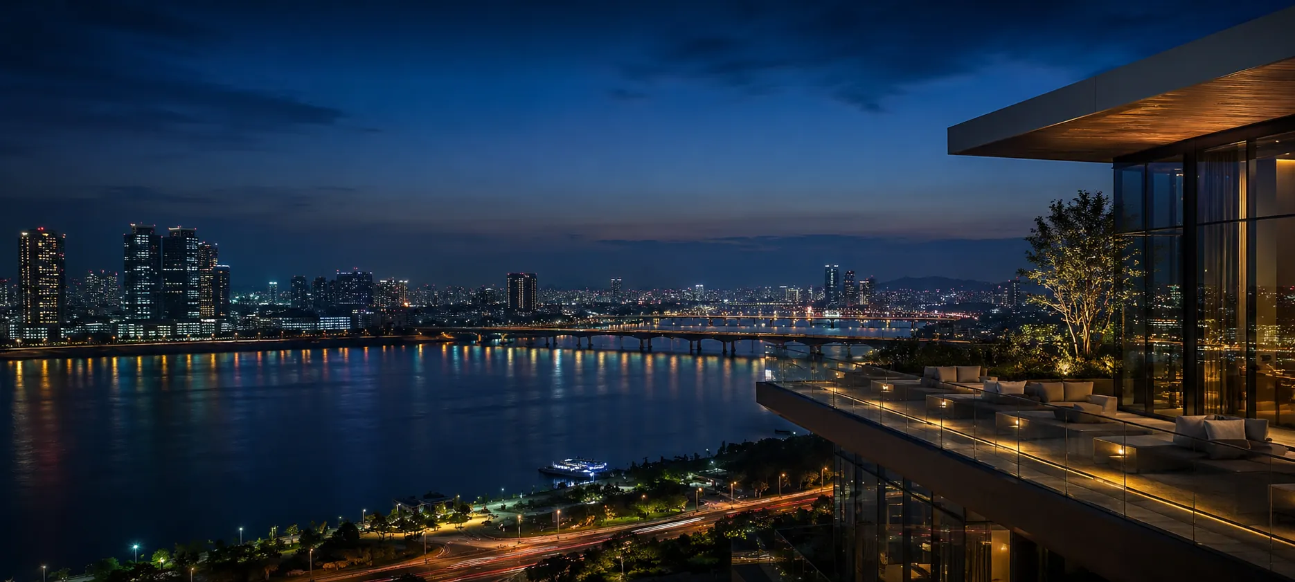 A sophisticated evening view of Seoul and the Han River